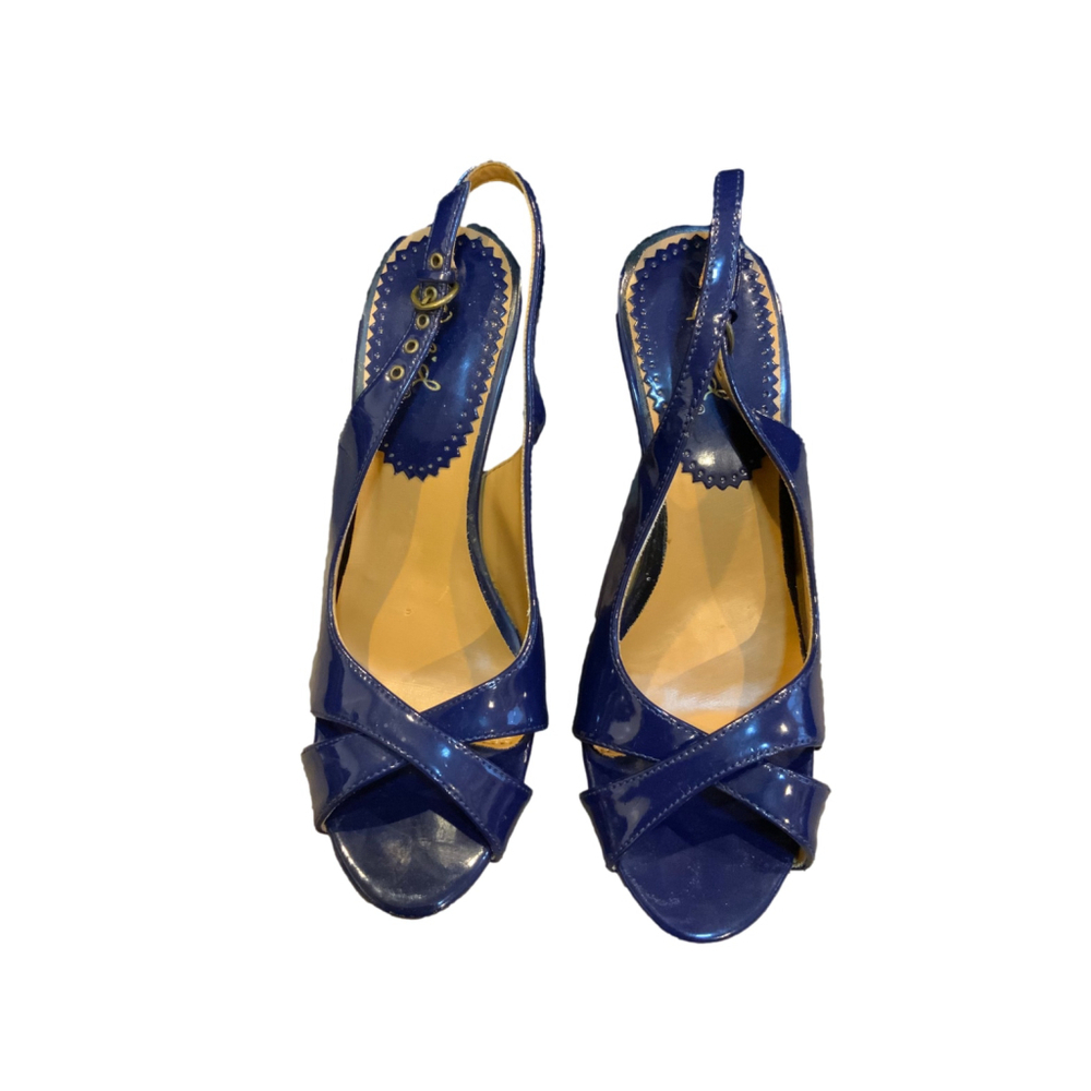 Women's Qupid‎ Navy Blue Patent Slingback Platform Heels Size 7.5 Brown Heel